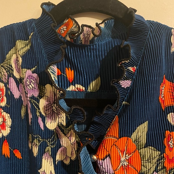 Vintage 1970s Leonard Peplum Pleated Floral Blouse S/M - Picture 4 of 5